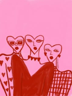 a drawing of three women sitting on a couch with hearts in their eyes and one woman wearing sunglasses