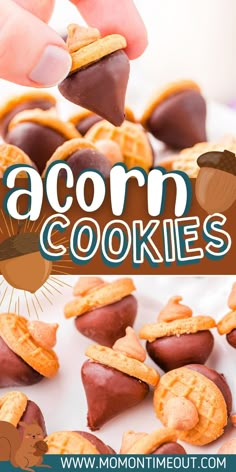 a person dipping some cookies into them with the words acorn cookies above it and an image of peanuts in the background