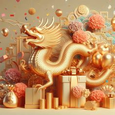 a golden dragon is surrounded by presents and balloons