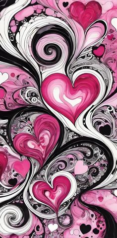 pink and black abstract painting with hearts