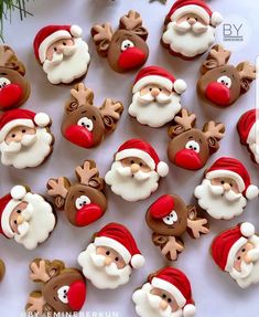 christmas cookies decorated with santa claus and reindeer faces