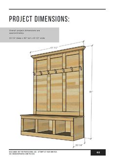 the plans for an entryway bench with storage drawers are shown in this image, and it