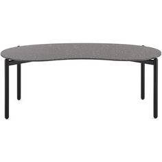 an oval table with black legs and a gray top, on a white background in the shape of a half circle