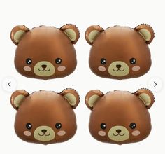 four brown teddy bears with black eyes and ears on their head are shown in three different positions