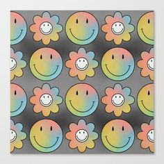 a pattern with smiley faces and flowers on a gray background