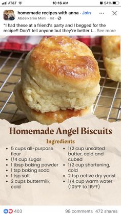 the recipe for homemade angel biscuits is shown on an instagramr page