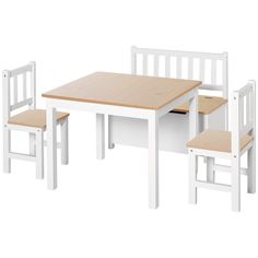 a wooden table and chairs with one chair on the other side, set against a white background