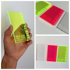 a hand holding up a neon green and pink business card with the word's name on it