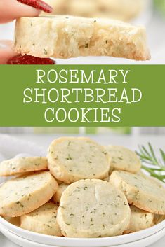 rosemary shortbread cookies in a white bowl and on a plate with the words rosemary shortbread cookies