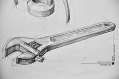 a pencil drawing of a wrench and hammer