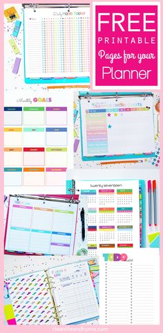 the free printable planner is shown with colorful papers and pencils on top of it