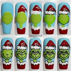 Grinch Nails, O Grinch, Xmas Nail Designs, Christmas Nail Art Easy, Nail Art Noel, Santa Nails, Xmas Nail Art, Nail Drawing, Nail Designs Tutorial