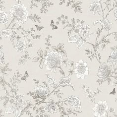 a white and grey floral wallpaper with butterflies on the top right side of it