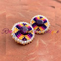 Beaded purple stone. Backed with leather. Edged with rhinestones. On posts.  Measures approximately 1.10in in diameter. Beautiful Beaded Earring, Seed Bead Jewelry Patterns, Native Beading Patterns, Beaded Earrings Diy, Beadwork Patterns, Bead Work Jewelry, Purple Stones, Seed Bead Earrings, Bead Jewellery