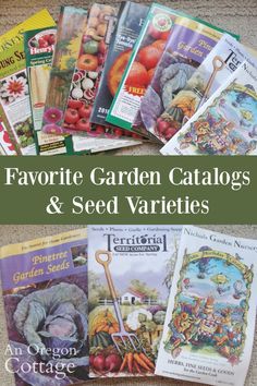 several books and magazines on the ground with text overlay that reads favorite garden catalogs & seed varieties