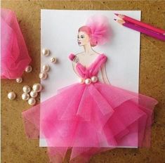 a card with a drawing of a woman wearing a pink dress and pearls on it