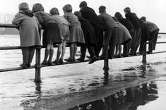 a group of people standing on top of a long wooden fence next to the ocean