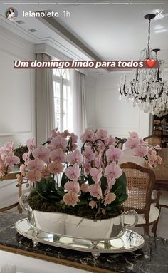 pink flowers are in a white bowl on a table with a chandelier hanging from the ceiling