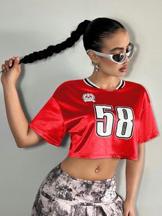 Ladies'Summer Silver Digital Number Print Striped Decor Loose T-Shirt With Drop Shoulders Red Casual  Short Sleeve Polyester Colorblock,Letter  Slight Stretch  Women Clothing, size features are:Bust: ,Length: ,Sleeve Length: Rave Festival Outfits, Striped Decor, Festival Outfits Women, Maternity Bag, Summer Women, Women Clothing, Women Clothes Sale, Womens Tees, Casual Shorts