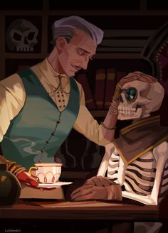 a man and woman in skeleton costumes sitting at a table with a tea cup on it