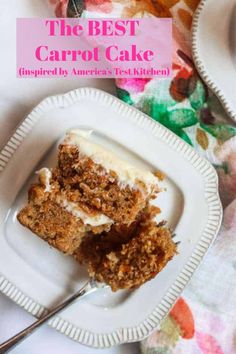 a piece of carrot cake on a plate with a fork next to the rest of the cake