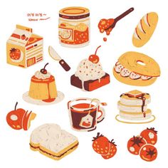 an assortment of food items displayed on a white background