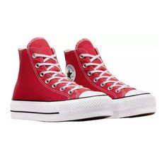 Color: Red/Red Size: M6.0/W8.0 Features: Durable Canvas Upper For That Classic Chucks Look And Feel Elevated Platform For Added Height Iconic Chuck Taylor Ankle Patch And All Star License Plate Red High Top Converse, All Star Platform, Converse Platform, Red High Tops, Red Platform, Red Converse, Platform Converse, Converse Chuck Taylor All Star, Dream Shoes