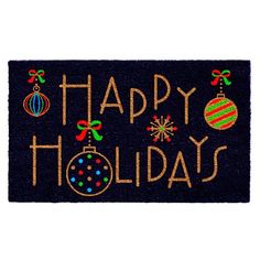 a black door mat with the words happy holidays written on it