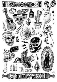 an old school tattoo design with skulls and other items