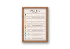 a wood framed poster with the words mood ring on it and an empty wooden frame