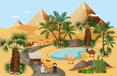 the desert with camels, palm trees and people in front of a small pond