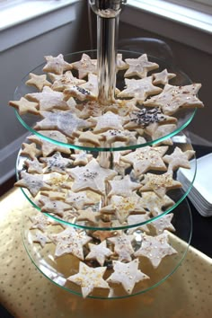 three tiered glass platter with star cookies