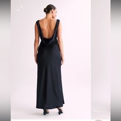 Nwt Black Satin Maxi Dress, So Closure Up The Side, Super Comfortable And Very Flattering Chic Black Maxi Dress With Cowl Back, Black Maxi Dress With Cowl Back For Evening, Elegant Cowl Back Dress For Night Out, Elegant Night Out Dress With Cowl Back, Fitted Black Maxi Dress With Cowl Back, Elegant Black Evening Dress With Bias Cut, Formal Black Dress With Cowl Back, Black Dress With Cowl Back For Night Out, Black Formal Dress With Cowl Back