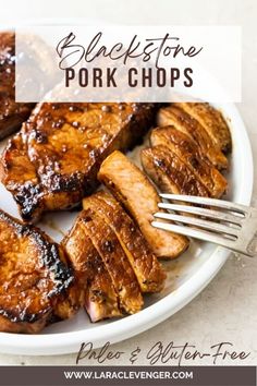 grilled pork chops on a white plate with text overlay reading blackstone pork chops