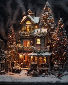 a christmas scene with a lit up house in the snow