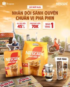 an advertisement for nest cafe on the table with coffee and other items in front of it