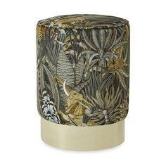 an image of a small stool with flowers and plants on the front, gold base