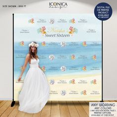 a woman in a white dress standing next to a backdrop with the words sweet sixteen on it