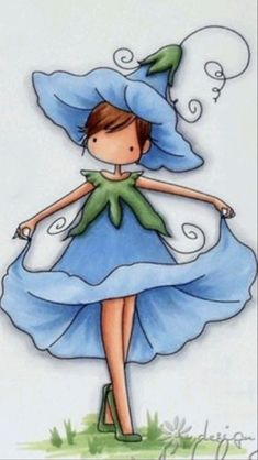 a card with a drawing of a woman in a blue dress and hat on it