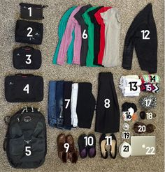 the contents of a travel bag are laid out on the floor with numbers in front of them