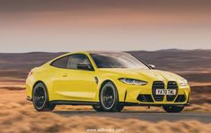 a bright yellow sports car driving on the road in front of some hills and brown grass