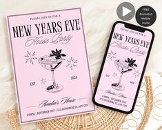 two new year's eve party flyers on a wicker basket next to an iphone