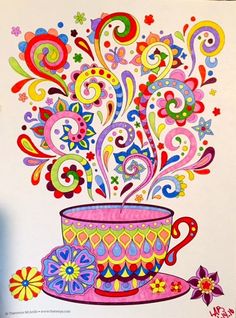 a drawing of a coffee cup with colorful swirls and flowers on it's side