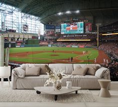 Minute Maid Park Astros Wallpaper Baseball Wall Mural living room couch Sports Man Cave Ideas, Baseball Basement, Vintage Baseball Room, Sports Room Man Cave, Baseball Theme Room, Baseball Man Cave, Repositionable Wallpaper