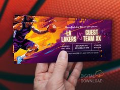 a person holding up a basketball ticket for the lakers vs team xx game on an orange and purple background