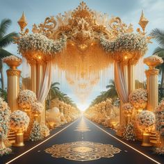 the entrance to a lavish wedding ceremony is decorated in gold and white with flowers on either side