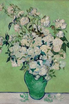 a painting of white flowers in a green vase