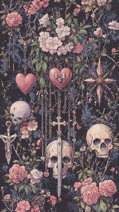 a painting with skulls, roses and chains hanging from it's sides on a black background