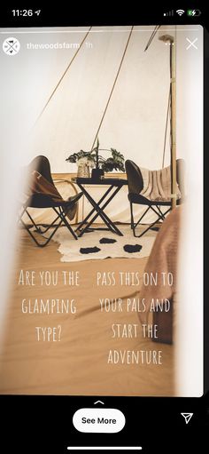 an image of a table and chairs with the caption'are you the camping, your pals and start the adventure? '