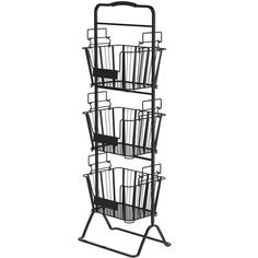 a three tiered metal rack with baskets on the top and bottom, holding several items